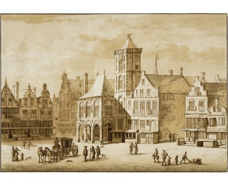 Jacob van der Ulft (Gorkum 1627 - 1689 Noordwijk)Das alte Rathaus von Amsterdam, mit Figurengruppen, links Kutsche mit zwei P