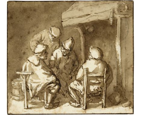 Isaack van Ostade (1621 Haarlem 1649)Vier plaudernde Bauern am KaminUm 1640Feder in Bister, über Vorzeichnung in schwarzer Kr