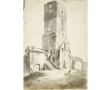 Jan Baptist Weenix (Amsterdam 1621 - 1659 Haarzluilens)Bauernhaus an altem Befestigungsturm in ItalienUm 1643-47Feder und Pin