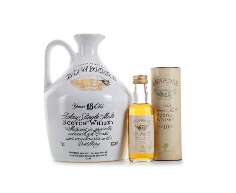 BOWMORE 15 YEAR OLD GLASGOW GARDEN FESTIVAL CERAMIC DECANTER 75CL WITH MINIATURE ISLAY SINGLE MALT  Sat on the picturesque sh