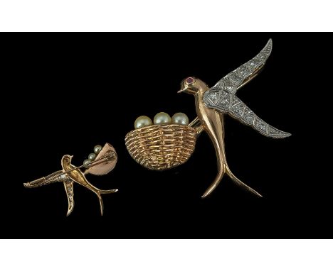 Edwardian Period 1901 - 1910 Ladies Attractive Diamond Ruby and Pearl Set Bird Brooch, the bird, with diamond set wings and r