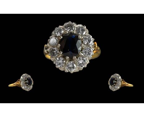 Edwardian Period 1901 - 1910 Ladies 18ct Gold Sapphire and Diamond Set Cluster Ring, Marked 18ct to Interior of Shank. The Ce