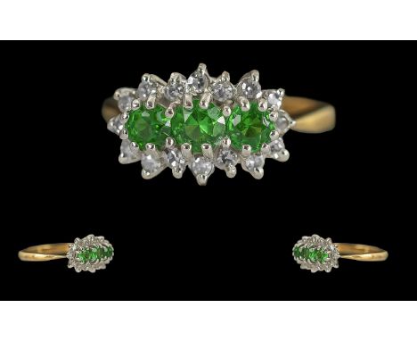 Ladies 18ct Gold Attractive Emerald and Diamond Set Ring, Full Hallmark to Interior of Shank, The Emeralds of Excellent Colou