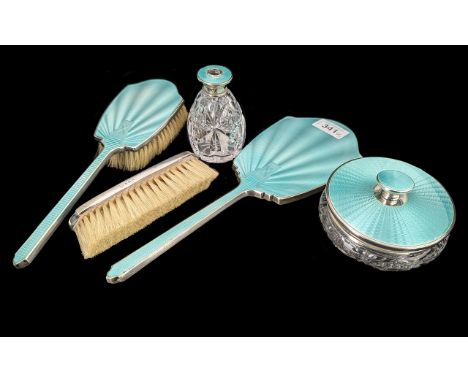 Ladies Silver and Enamel Dressing Table Set. ( 5 ) Pieces In Total. Lovely Strong Turquoise Blue Enamel Throughout and Hallma