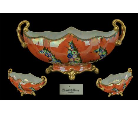 Carlton Ware Hand Painted Orange Lustre Gondola Boat Shaped Two Handle Centrepiece ' Jagged Bouquet ' Mottled Orange, Ground 