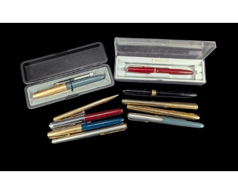 Collection of Vintage Pens, including Parker fountain pen, Sheaffer fountain pen, Parker gold tone fountain pen, gold tone fo