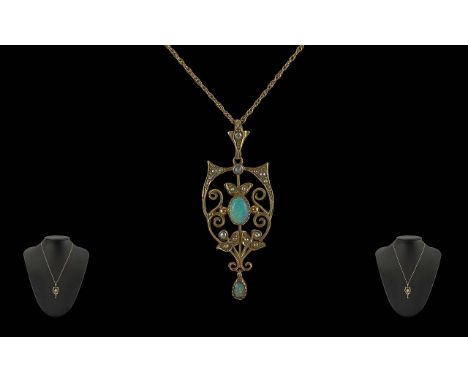 Antique Period Attractive 9ct Gold Opal and Seed Pearl Set Open Worked Pendant of Pleasing Design / Form. Marked 9ct. With At