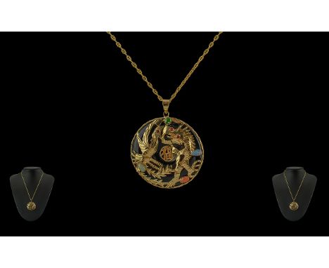 Chinese 18ct Gold Circular Jade Pendant Overlaid with Mythical Dragon Figures In Gold with Chinese Character Marks, Marked 18