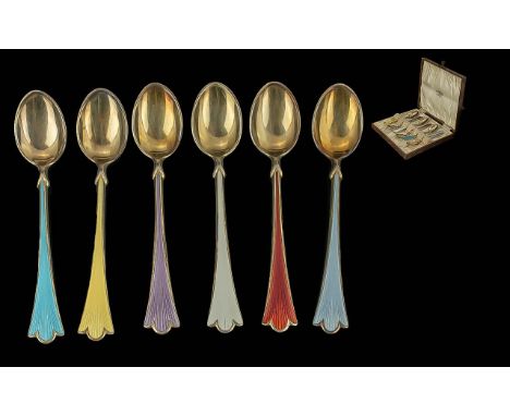 Northern Goldsmiths Company Norwegian Fine Boxed Set of Six Harlequin Enamel Teaspoons ( Pleasing Form ) Marked 925 for Sterl