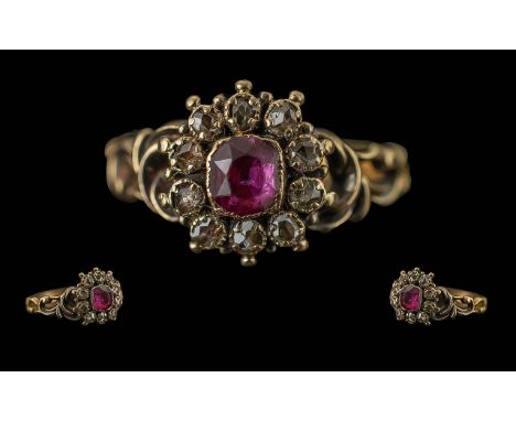 Mid Victorian Period 15ct Gold Old Cut Diamond and Pink Stone Set Cluster Ring, Pleasing Design - Foil Back, Old Cut Diamonds