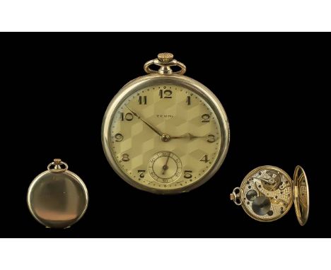 Tempo 1920's Rolled Gold Slim line 15 Jewels Open Faceted Pocket Watch, Guaranteed to Wear 10 years. Stylish Form / Pleasing 