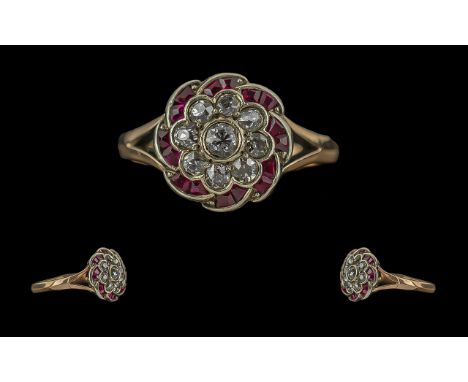 14ct Gold Old Cut Diamond &amp; Ruby Cluster Ring, weight 3.70 grams.  Ring size N.