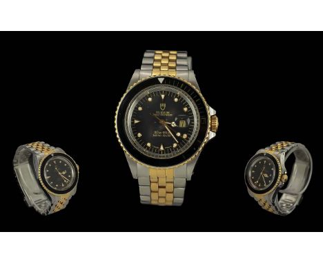 Tudor Prince by Rolex Geneva Oyster Date Min Sub Gold on Steel Wrist Watch. Features Black Dial and Bezel, Water Resistant 66