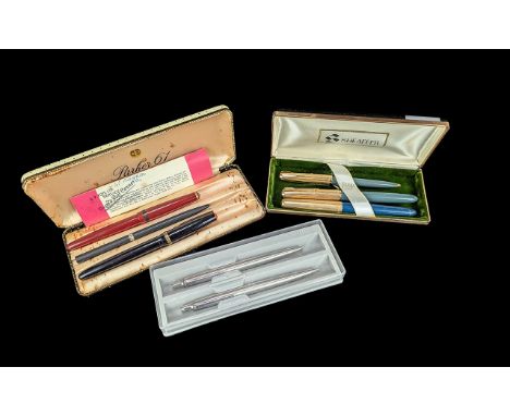 Collection of Vintage Pens, including Parker pen and ballpoint set in green and gold tone, fountain pen with gold nib in red,
