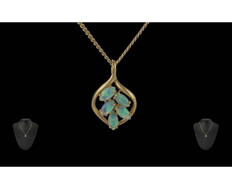Ladies 9ct Gold &amp; Opal Set Pendant and Necklace. Hallmarked for 9ct. Weight 4 grams. Approx Length with Pendant 16 Inches