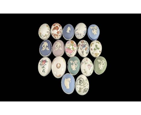 Wedgwood - Box of 17 Egg Shaped Trinket Boxes, various designs, including classical Jasperware, Wild Strawberry, Kutani Crane
