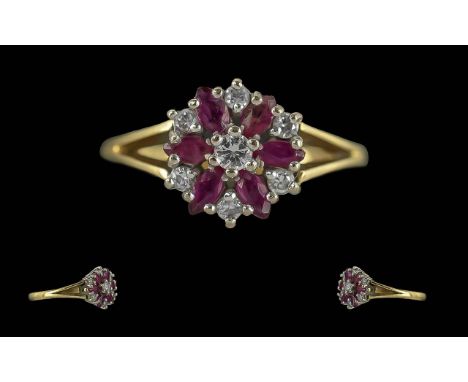 Ladies 18ct Gold Ruby and Diamond Set Cluster Ring, Full Hallmark to Interior of Shank. The Rubies and Diamond of Pleasing Co