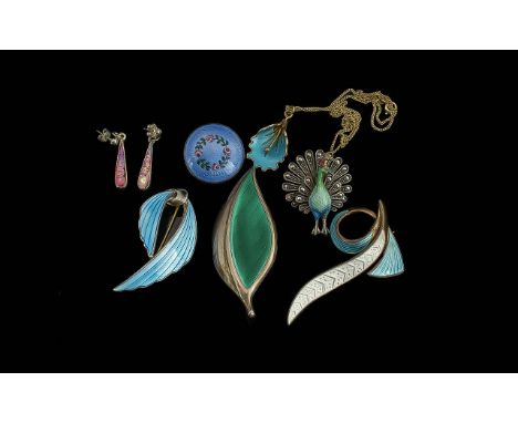 A Fine Collection of Signed Silver and Enamel Jewellery Pieces. All Marked for Silver, Some Pieces Signed David Andersen Norw
