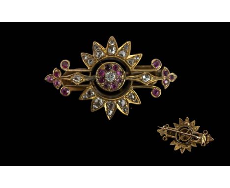 Antique 15ct Gold Diamond &amp; Ruby Set Brooch, weight 6.30 grams.