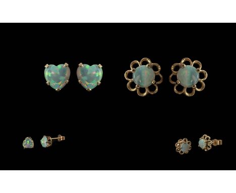 ( 2 ) Pairs of Petite 9ct Gold &amp; Opal Set Stud Earrings, For Pierced Ears, Stamped for 9ct.