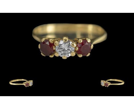 Ladies - Pleasing Quality Petite 18ct Gold 3 Stone Ruby and Diamond Set Ring, Marked 18ct - 750 to Interior to Interior of Sh
