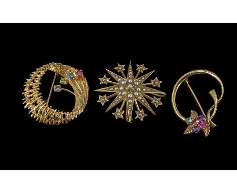Fine Trio of Gem Set 9ct Gold Small Brooches, marked 9.375 and 10ct, all in superb condition, comprises  1/ Siffari signed 10