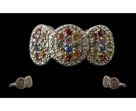 Multi Colours of Sapphire Ring, three oval plaques set with round cut orange, yellow, green, blue, pink and sunset orange sap