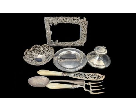 Box of Silver Items, Includes Oriental Photo Frame, Silver Dish of Circular Form, Silver Inkwell, Silver Bowl, Large Knife an