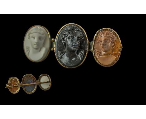 Victorian Period Fine 9ct Gold Hardstone / Lava Cameo Set Brooch, Each Depicts a Classical Bust / Portrait. Not Marked but Te