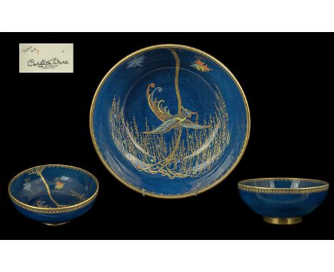 Carlton Ware Hand Painted 1930's Lustre Footed Bowl, Bird of Paradise Pattern, Blue Ground with Golden Gilt, Tree, Gold Borde