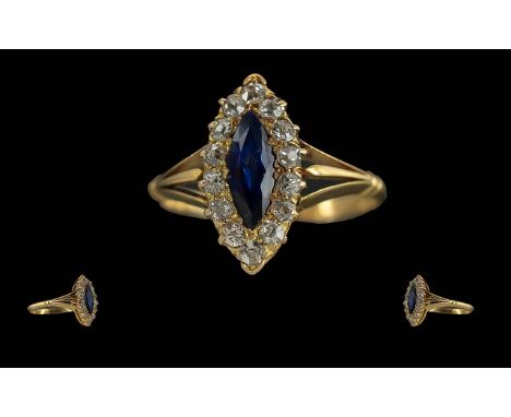 Antique Period - Excellent Ladies 18ct Gold Boat Shaped Diamond and Sapphire Set Dress Ring. Full Hallmark for Birmingham 189