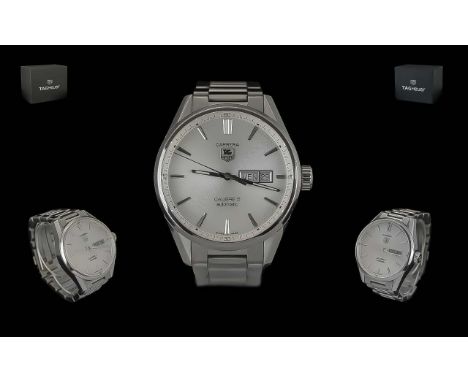 TAG Heuer Carrera Calibre 5 Automatic Day-Date Gents Stainless Steel Wrist Watch. Features Visible Movement, Large White Dial
