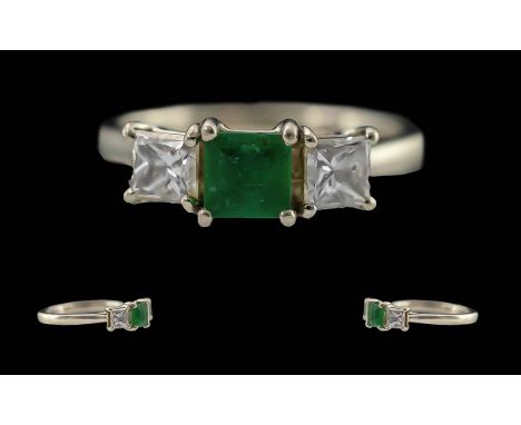 Ladies Pleasing Platinum Three Stone Diamond &amp; Emerald Set Ring.  Full hallmark Platinum 950 to interior of shank.  The c