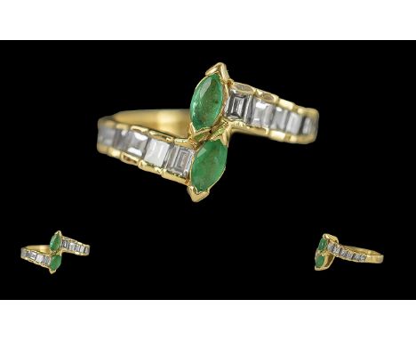 Ladies 18ct Gold Pleasing Quality Emerald and Diamond Set Dress Ring, Marked 750 to Interior of Shank. The Princes Cut Diamon