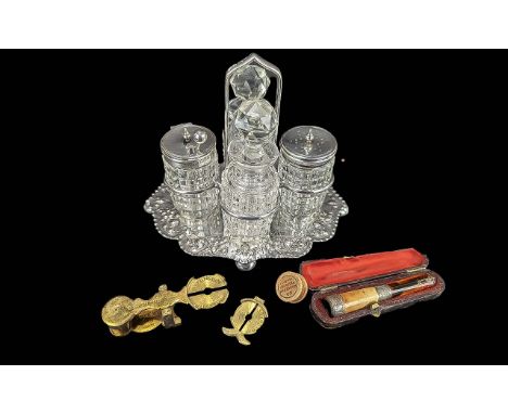 Hallmarked Silver Cruet Set, along with sovereign scales and cheroot in case.