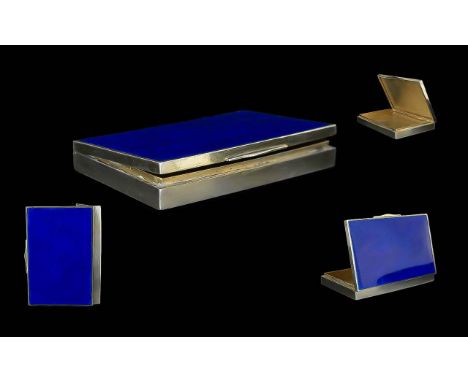 Art Deco Period Quality Sterling Silver and Blue Enamel Hinged Box of Rectangular Form, Gilt Interior. Silver Marks to Interi