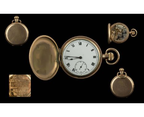 Swiss Made Gold Plated Keyless Full Hunter Pocket Watch, Guaranteed to Wear for 10 Years, Dennison Watch Case, Movement Ref 9