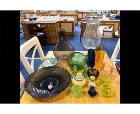 Collection of Glassware, including candlesticks, vases, trinket box, paperweights, large green hobnail bowl, large purple vas