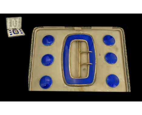 George V Period 1910 - 1936 Ladies Superb Gilt Silver and Blue Enamel Belt Buckle and Button Set in original display case, fu