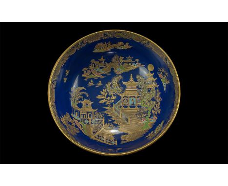Carlton Ware Early Hand Painted Footed Lustre Bowl, Early Version. Chinoiserie Kang HSI Pattern. c.1900. Pattern No 2021, Blu