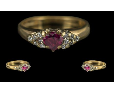 9ct Gold Ruby &amp; Diamond Heart Cluster Ring, weight 2.63, ring size K.