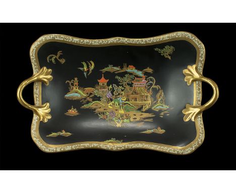 Carlton Ware - Wiltshaw and Robinson Hand Painted Noire Old Mikado Design on Black Ground - Twin Handle Basket Bowl, Embellis