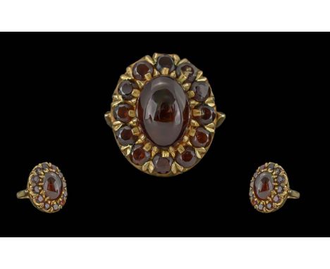 Ladies Large and Impressive 9ct Gold Fire Garnet Set Cluster Ring, The Well Matched Garnet with Fire Red Underbelly, The Cent