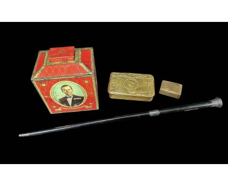 1914 Christmas Tin, a trench art matchbox holder 1914/1918, souvenir tin Bilsland Brothers in the form of a tea caddy, and a 