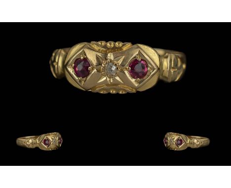 18ct Gold Antique Ruby &amp; Diamond Dress Ring, weight 1.95 grams.  Ring size M.
