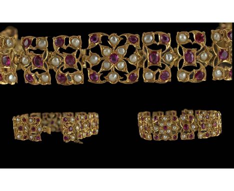 Ladies Handmade Indian 22ct Gold Ruby and Pearl Set Bracelet, Not Marked but Tests 22ct. The Well Matched Rubies of Good Colo
