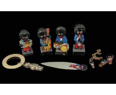 Small Collection of Robertson Jam Figures, four in total, boxed. with a Robertson's Jam pendant on chain and two badges. Toge