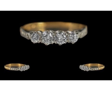 Ladies 18ct Gold Pleasing 4 Stone Diamond Set Ring, Raised Pave Setting, Marked 18ct to Interior of Shank, The Four Round Fac