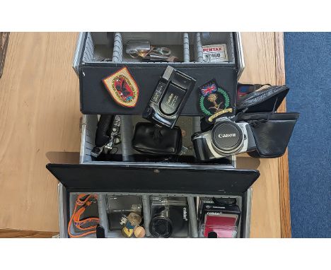 Metal Box Containing Canon Camera, filters and accessories. Together with a Fondica camera.