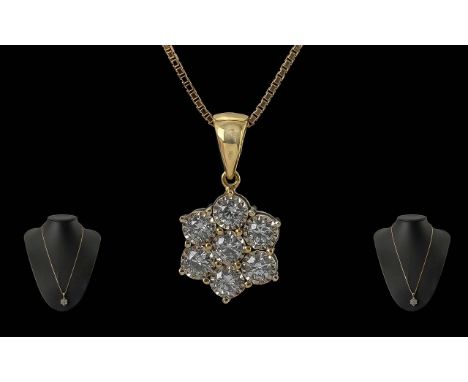 Ladies - Pleasing Quality 18ct Gold Diamond Set Cluster Pendant Drop. Full Hallmark for 750 - 18ct, Attached to a 9ct Gold Lo